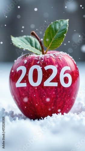 white numbers 2026 on a red apple on a snowy background	