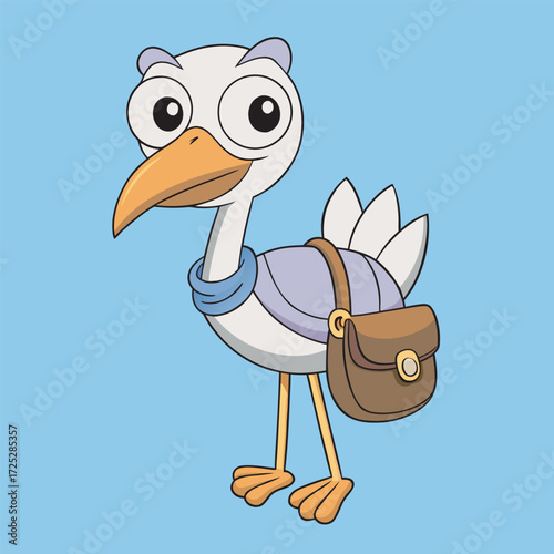 Cartoon stork wearing a satchel against a blue background in a vector art style
