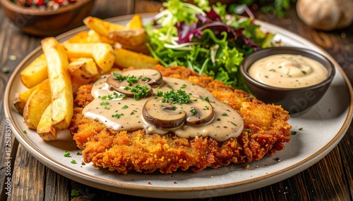 Breaded cutlet with mushroom sauce, fries, and salad on a plate.