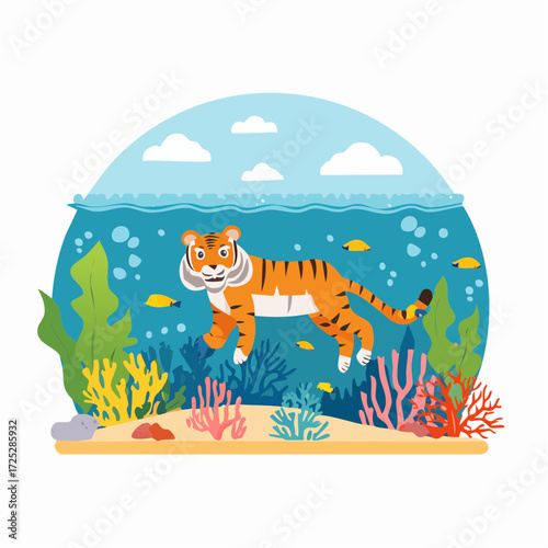 A cartoon tiger with orange and black stripes swimming happily underwater among colorful coral, seaweed, and small yellow fish, with a blue sky and clouds above the water surface.