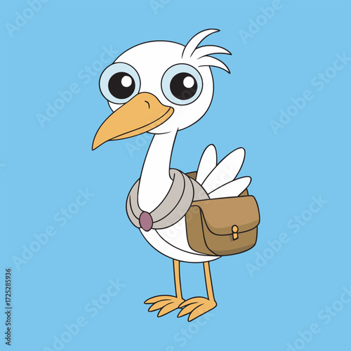 Cartoon bird with a satchel and necktie on a blue background, ready to travel