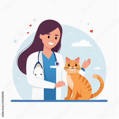 A friendly female veterinarian in a white coat gently examines and pets a happy orange tabby cat, illustrating pet care and veterinary medicine.