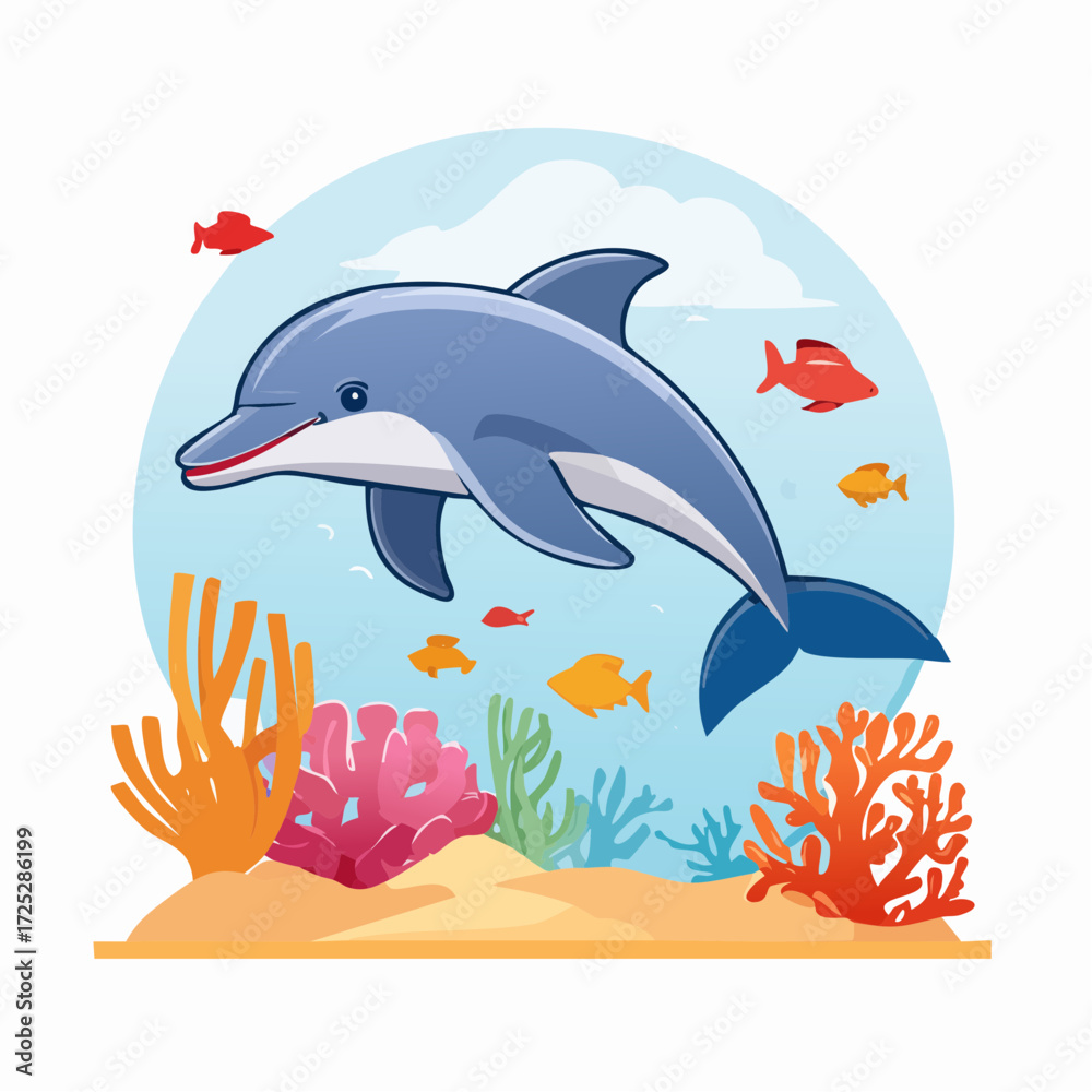 Obraz premium A cartoon illustration of a happy blue dolphin swimming underwater with colorful fish and coral reefs.