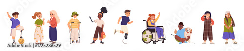 Set of diversity children with disability together. Collection inclusive people kids vector flat cartoon illustration. World disability day. Girl in a wheelchair, blind boy, people with prosthesis, ca