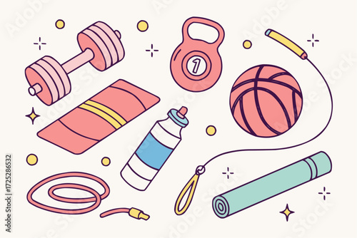 A colorful flat lay vector illustration of fitness and gym equipment including dumbbells, kettlebell, yoga mats, skipping rope, resistance band, foam roller, protein bar, shaker bottle, water bottle, 