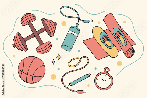 A colorful flat lay vector illustration of fitness and gym equipment including dumbbells, kettlebell, yoga mats, skipping rope, resistance band, foam roller, protein bar, shaker bottle, water bottle, 