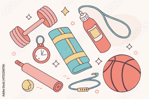 A colorful flat lay vector illustration of fitness and gym equipment including dumbbells, kettlebell, yoga mats, skipping rope, resistance band, foam roller, protein bar, shaker bottle, water bottle, 