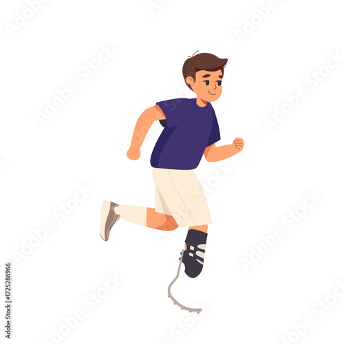 Kid with prosthetic leg run on race. Little smiling boy kid cartoon character with bionic leg running vector illustration isolated on white. Concept of inclusion children with disability. World disabi