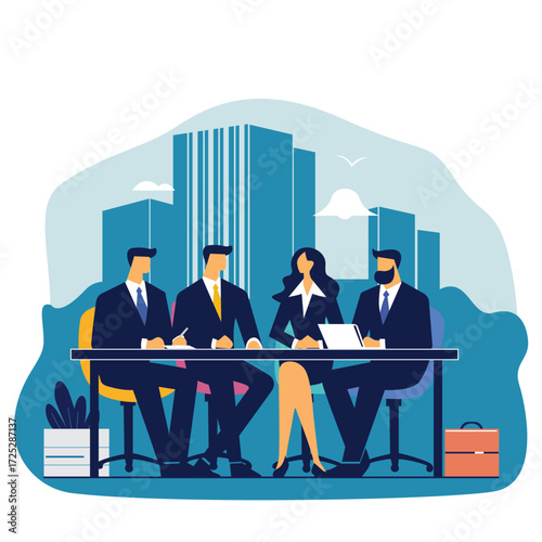 Business team meeting with skyscraper city background discussing corporate project strategy illustration