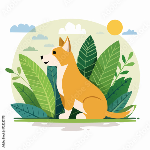 A cute cartoon dog sitting peacefully among lush green leaves under a sunny sky in a flat illustration style.