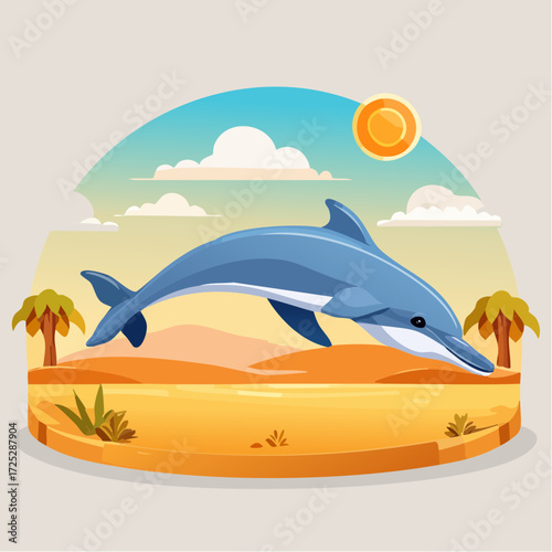 A blue dolphin leaping gracefully over a surreal desert landscape with palm trees and a bright sun in a cartoon style illustration.