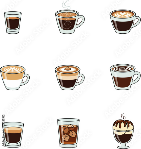 Collection of nine delicious hot and cold coffee drinks as vector illustrations