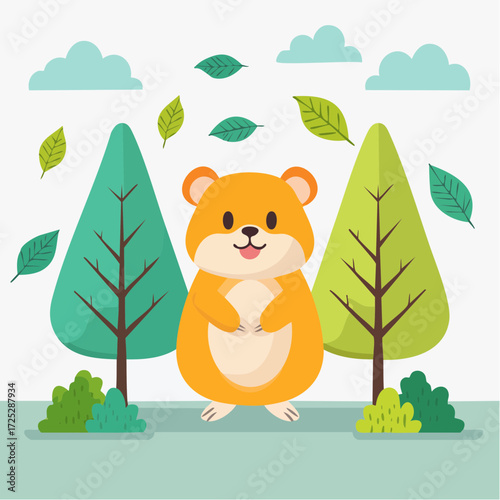 A cute cartoon hamster stands happily between two green trees with floating leaves and clouds in a cheerful nature illustration.