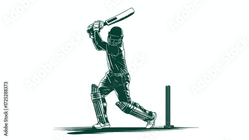 A dark green silhouette illustration of a cricket batsman in mid-swing position.