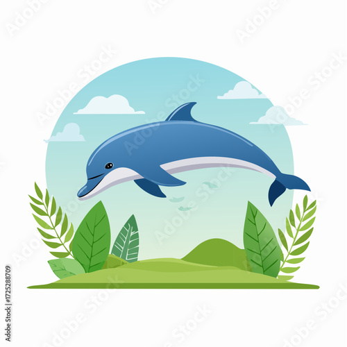 A vibrant illustration of a playful dolphin leaping through a sunny, idyllic landscape with lush greenery.