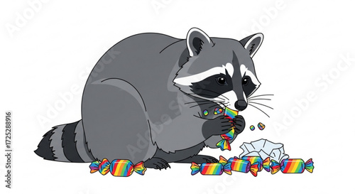 A cute raccoon is sitting and eating colorful candies the raccoon seems to be enjoying the sweet treats very much