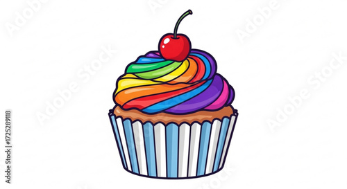 Colorful cupcake with cherry on top rainbow frosting sweet dessert vector illustration design