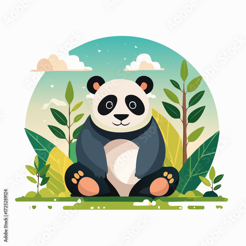 A charming illustration of a panda sitting in a lush green environment with plants and clouds.