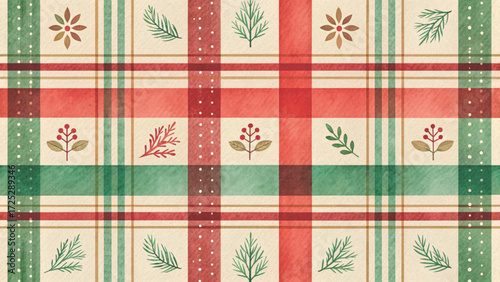Seamless plaid pattern with thick red stripes, thin green lines  background 
