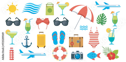 A delightful collection of summer vacation icons evoking wanderlust and sunny adventures on sandy beaches Flat vector