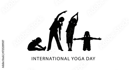 Silhouette of children practicing yoga poses for international yoga day healthy lifestyle and wellness concept illustration