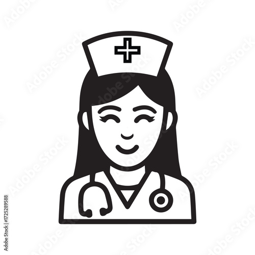 A smiling nurse radiating compassion and care with stethoscope in a medical setting rendered in clean minimalist black