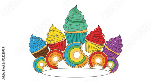 A delightful illustration showcasing colorful cupcakes and donuts arranged in a playful composition against a clean white backdrop