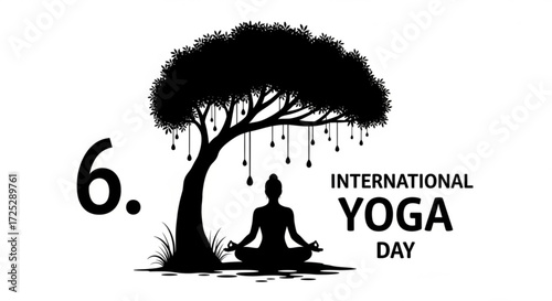 An illustration depicting international yoga day with a silhouette of a person meditating under a tree against a clean white backdrop