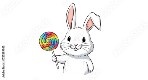 A cute white bunny holding a colorful lollipop, the bunny has pink ears and a sweet expression on its face