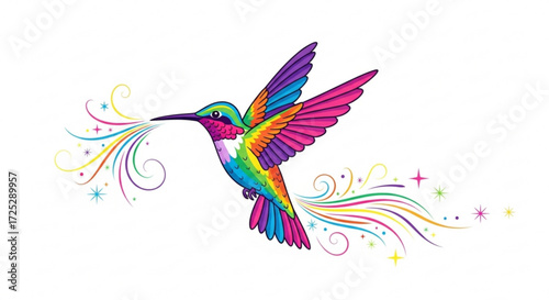 A vibrant hummingbird with colorful plumage and a trail of sparkling swirls, the bird is in midflight
