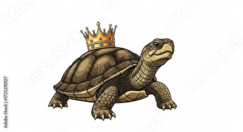 A charming illustration of a turtle wearing a golden crown, , showcasing a whimsical and regal depiction of the reptile