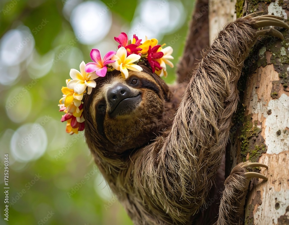 Obraz premium A sloth wearing a flower crown clings to a tree trunk