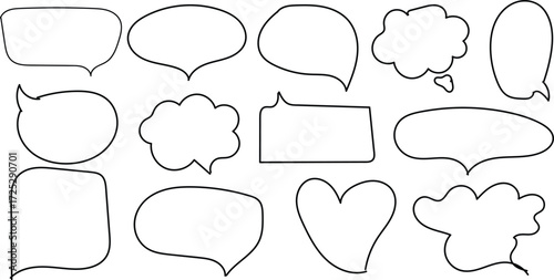 Assortment of handdrawn red speech bubbles and thought clouds in various shapes and sizes, isolated on a white background, for dialogue and ideas