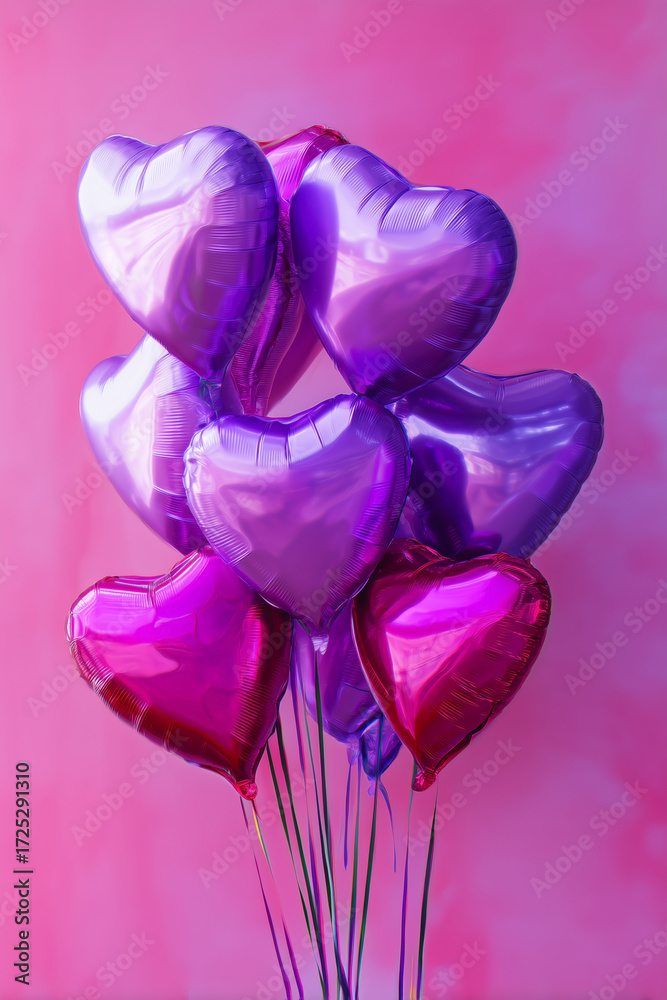 Fototapeta premium Bunch of shiny heart-shaped balloons in various shades of pink and purple, floating against a matching pink backdrop. Celebration, party.