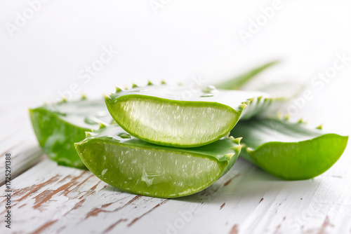 Wallpaper Mural Freshly cut aloe vera on a weathered white wooden surface, showcasing its natural green color and translucent gel for skincare use. Torontodigital.ca