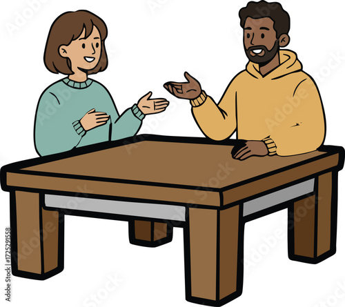 Business meeting between two men sitting at a desk discussing work professional conversation