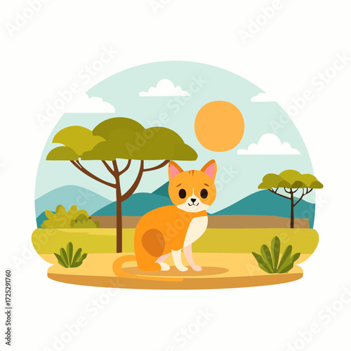 Cartoon illustration of a cute orange cat sitting in a savanna landscape with trees and sun.