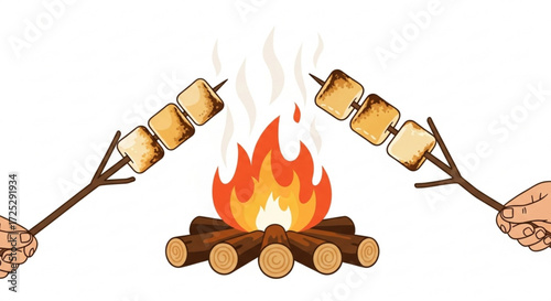 Two hands roasting marshmallows on a campfire the fire is burning brightly, and the marshmallows are golden brown