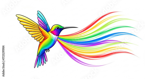 A colorful hummingbird with rainbow feathers the bird is in flight, and its wings are spread wide, a vibrant and beautiful image
