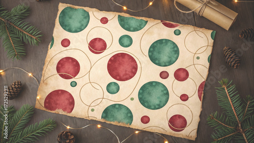 Vintage kraft paper background with random watercolor red and green polka dots background 