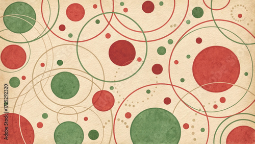 Vintage kraft paper background with random watercolor red and green polka dots background 
