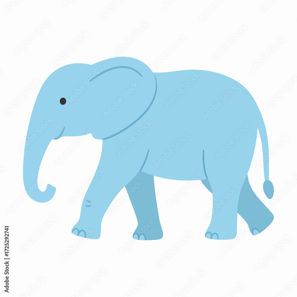 Obraz premium Cute blue baby elephant walking in profile, a simple flat vector illustration isolated on a white background