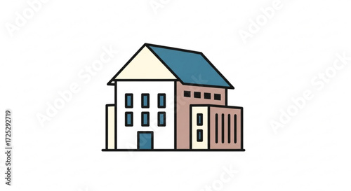 Illustration of a building with a blue roof, the building has a simple, clean design, making it suitable for various uses