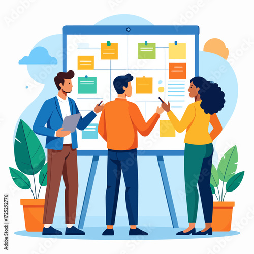 Flat vector illustration of a diverse business team collaborating on a project, organizing tasks on a scrum board with sticky notes for strategic planning