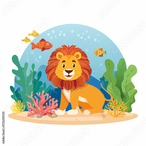 An illustration of a lion underwater with coral, seaweed, and fish, creating a whimsical scene.