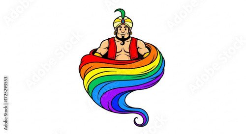A whimsical illustration of a genie emerging from a rainbowcolored smoke cloud, representing magic, wishes, and vibrant dreams