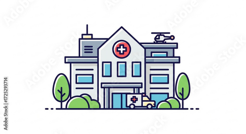 A modern hospital building with an ambulance and helicopter, a symbol of healthcare, medicine, and emergency services