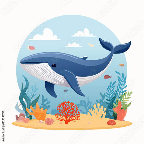 Illustration of a blue whale swimming in the ocean with coral, seaweed, and fish.