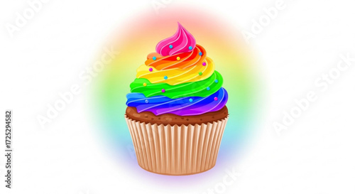 A colorful rainbow cupcake, a sweet treat with vibrant frosting and sprinkles, perfect for celebrations and special occasions