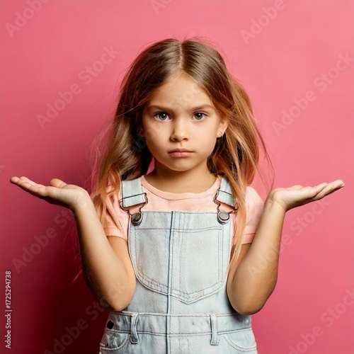 A little girl stands with her arms outstretched in front of a pastel-colored background, looking helpless.